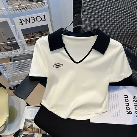 白色V领短袖T恤女夏季辣妹设计感小众独特别致短款polo衫上衣ins商品大图