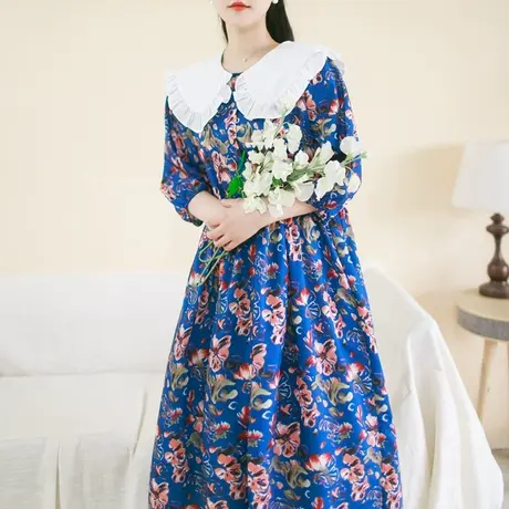 胖妹妹夏季2023新品雪纺印花娃娃领减龄连衣裙大码微胖五分袖长裙商品大图