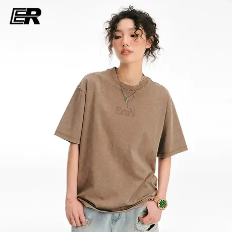 ER字母水洗做旧短袖T恤男夏季复古宽松圆领潮牌商品大图