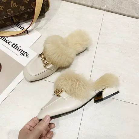 包头穆勒鞋高跟毛毛拖鞋女外穿毛拖鞋女2023新款毛绒厚底冬季晨袍图片