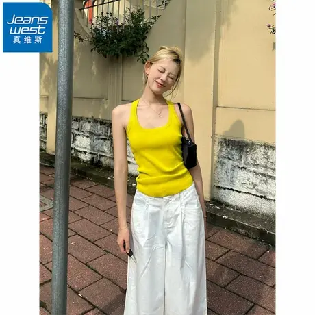 NR真维斯柠檬黄方领吊带背心女夏季新款性感辣妹修身短款针织上衣图片