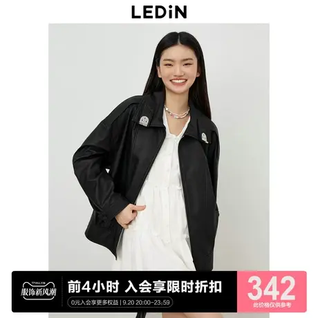 乐町机能风皮衣外套2023年秋季新品学院风拼格纹复古棕色宽松外套图片