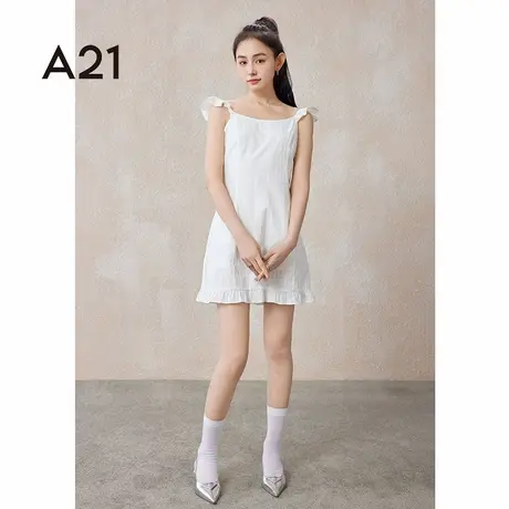 A21女装方领窄肩无袖A摆梭织连衣裙夏季绑带吊带显瘦显瘦纯色裙子图片