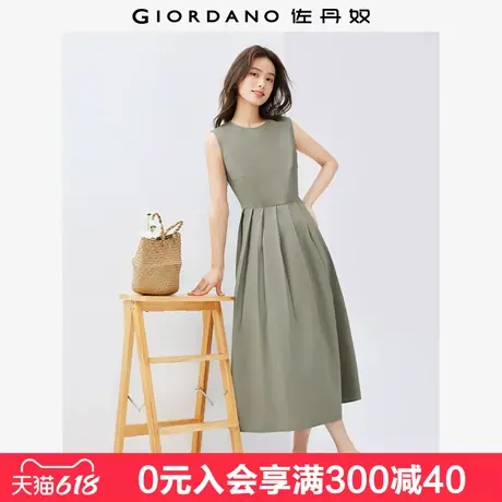 佐丹奴无袖裙子女夏季新款纯色文艺风压褶圆领背心连衣裙05465336图片