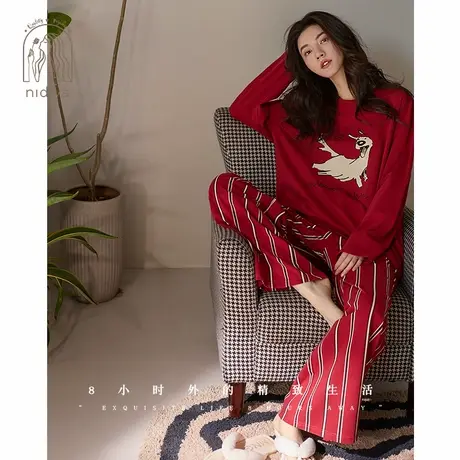 妮狄娅睡衣女春季纯棉长袖本命年红色新年喜庆条纹春秋家居服套装商品大图