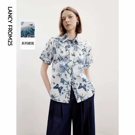 朗姿法式气质美拉蓝纯棉印花短袖衬衫2024年夏新款女士上衣设计感图片