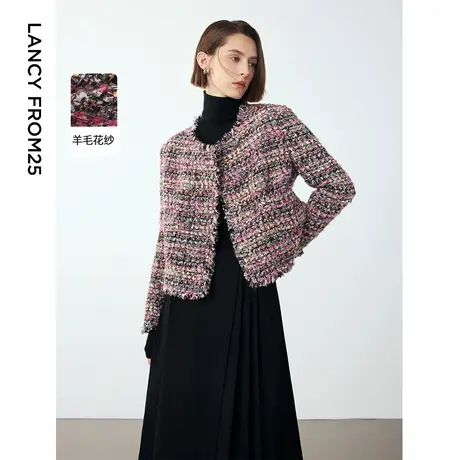 朗姿复古高级感2024年冬季新款法式小香风设计感正肩毛绒短外套女图片