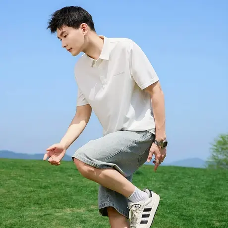 唐狮夏季新款男polo衫短袖白色简约学生翻领T恤宽松运动上衣图片