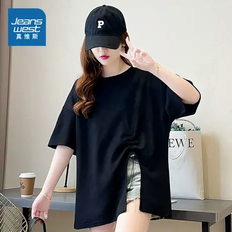E8真维斯女装夏季时尚小众设计感短袖T恤宽松中长款上衣半袖衣服商品大图