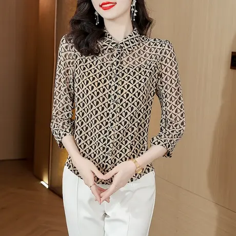 别致雪纺衬衫女2023年夏装新款漂亮洋气女衬衣七分袖印花女士小衫商品大图