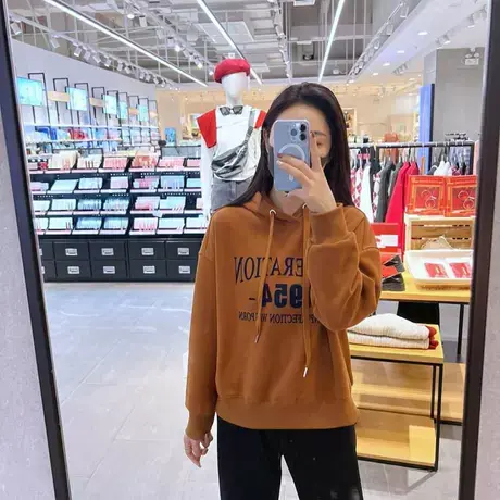 2023年秋冬灰色字母印花连帽卫衣女oversize宽松加绒加厚上衣外套商品大图