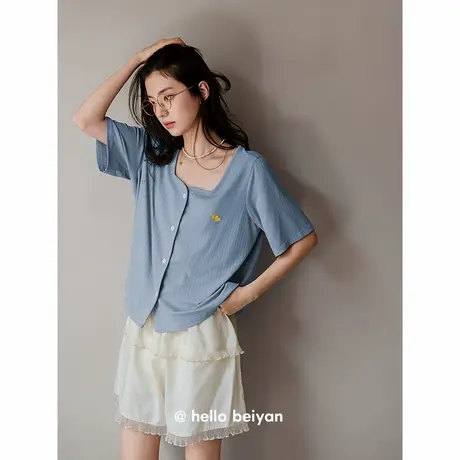 贝妍凉感莫代尔棉睡衣女夏季薄款短袖开衫家居服甜美少女大码套装商品大图