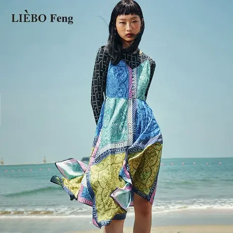 裂帛LIEBOFeng原创设计ins复古油画风度假拼色印花无袖吊带连衣裙图片