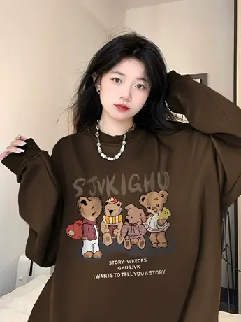 美式复古圆领卫衣女秋冬加绒加厚高级感宽松慵懒风小个子长袖上衣商品大图