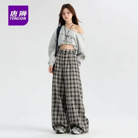 唐狮格子微厚阔腿女2025秋季高腰慵懒松弛感休闲垂感拖地裤子AX图片