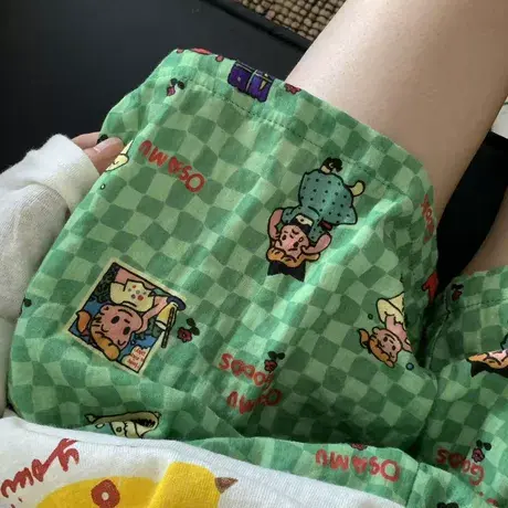 新品！A类纯棉双层纱绿色可爱女孩印花新款宽松日系阔腿遛弯家居商品大图