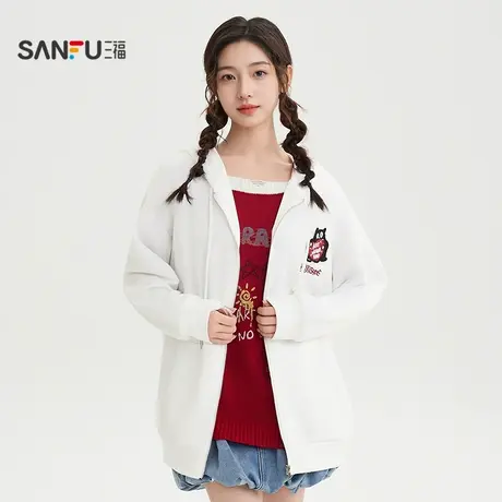 三福卫衣2025秋季魔术贴图案口袋连帽开衫上衣女装508070商品大图