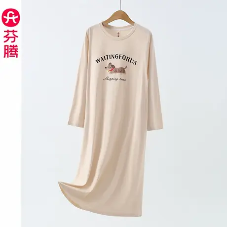 芬腾女士睡裙纯棉长袖春秋季睡衣裙大码休闲女款全棉家居裙中长裙商品大图