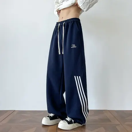 裤子男春秋季2025新款直筒裤宽松潮牌美式休闲裤男生运动条纹长裤商品大图