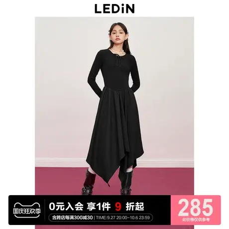 乐町针织打底小黑裙23秋季新款精致抽绳不规则设计显瘦显高连衣裙商品大图