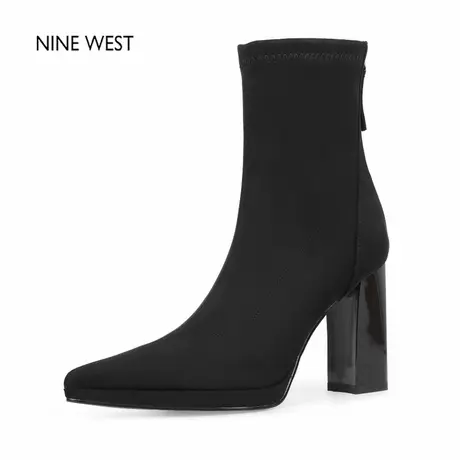 奥莱专供Nine West/玖熙法式复古尖头弹力瘦瘦靴粗跟短靴高跟靴子图片