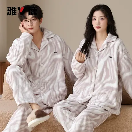 雅鹿法兰绒情侣睡衣男款秋冬季加厚加绒保暖珊瑚绒家居服女士套装商品大图