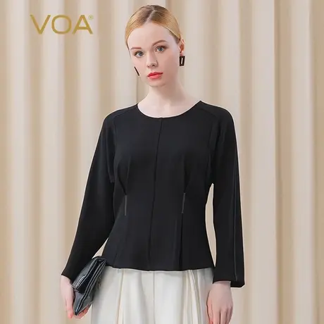 VOA60姆米重磅真丝流纱黑圆领长袖黄线镶边收褶鱼尾摆桑蚕丝T恤图片