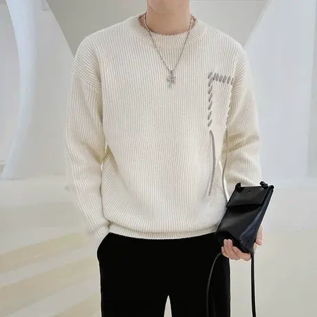 轻熟风秋冬毛衣男个性编织飘带设计感圆领内搭针织衫小众纯色线衣商品大图