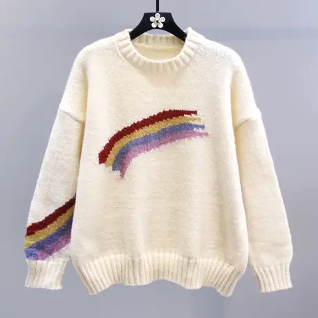 日系彩虹条纹学院风毛衣女秋冬2023新款宽松百搭洋气减龄针织上衣图片