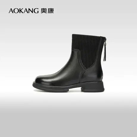 【门店发货】奥康女鞋 2023冬季新款时尚拼色切尔西靴加绒短靴商品大图