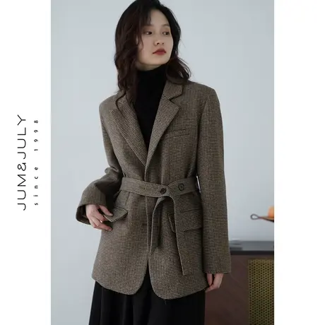 嘉茱莉2023秋冬新款格纹毛呢西装大衣女加棉短款大衣小个子外套图片