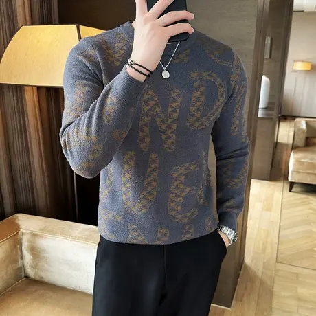 字母提花加厚针织衫男秋冬新款2023年修身气质圆领套头内搭毛衣潮图片