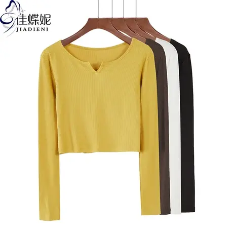 春秋季新款V领桃领宽松短款露腰长袖纯棉T恤螺纹高腰百搭上衣女图片