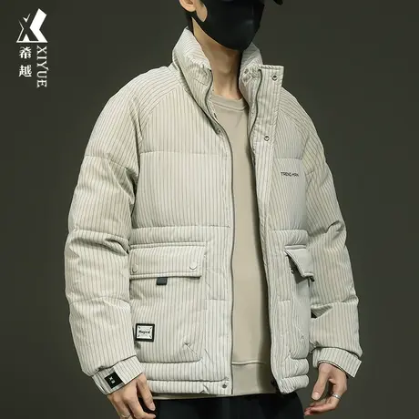 希越条纹贴布棉衣男士无帽立领外套冬季加棉加厚夹克青年工装潮流商品大图
