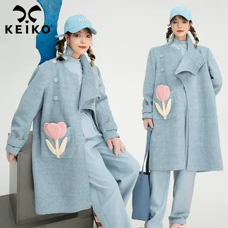 解构设计蔚蓝色条纹毛呢大衣女2022秋冬新款气质贴花宽松呢子外套商品大图