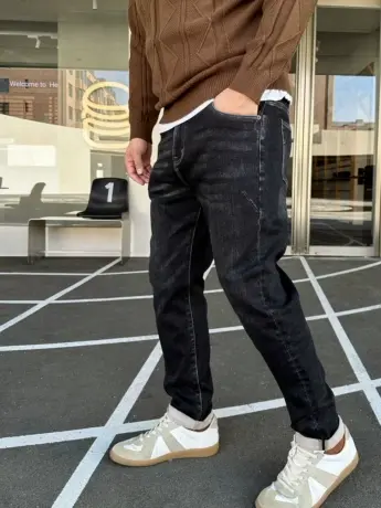 大依无忧冬新款磨毛加厚黑灰水洗弹力小直筒加肥加大码男士牛仔裤图片