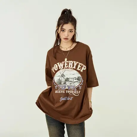 YEP夏季纯棉短袖T恤女2023新款ins潮牌宽松美式复古印花半袖上衣商品大图