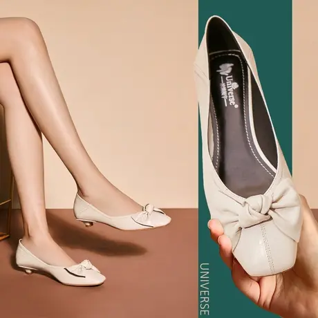 清仓早春款单鞋白色方头浅口猫跟蝴蝶结女鞋休闲纯色平底低跟鞋子商品大图