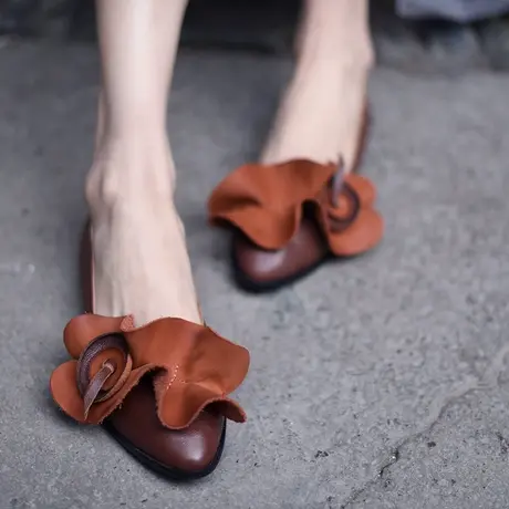 Artmu阿木原创复古森女花朵浅口单鞋尖头平底鞋真皮女鞋子软底鞋商品大图