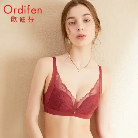 欧迪芬蕾丝内衣女小胸聚拢无钢圈收副乳文胸本命年红色结婚新娘图片