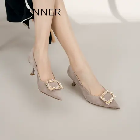 千百度春季高跟鞋女气质水钻方扣黑色细跟婚鞋时尚舒适简约单鞋商品大图