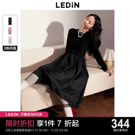 乐町法式名媛长袖连衣裙2023年秋冬新款女气质显瘦针织浪漫网纱裙商品大图