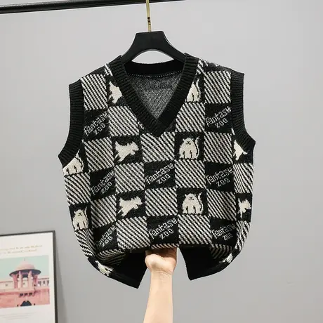 V领针织衫毛衣女2023春季新款韩版无袖卡通打底内搭背心马甲上衣商品大图