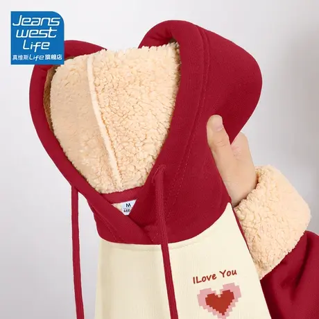 真维斯LIFE冬季红色插肩袖卫衣女装加绒加厚羊羔绒撞色圣诞外套W图片