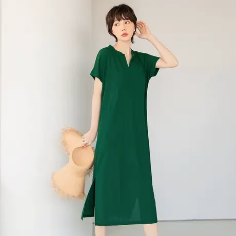 桔熊夏季微光泽感凉爽短袖长裙子女宽松遮肉坑条连衣裙大码DA9247图片