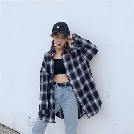 复古chic格子衬衫2023春夏新款韩版宽松慵懒港味外套学生女衬衣商品大图