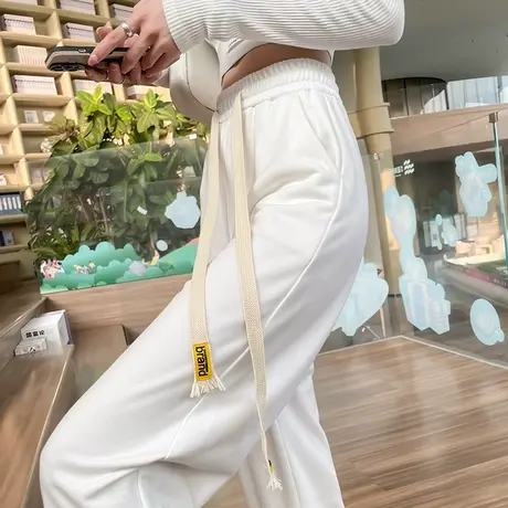 白色阔腿裤女秋季高腰垂感显瘦抽绳拖地长裤宽松直筒休闲运动裤子商品大图