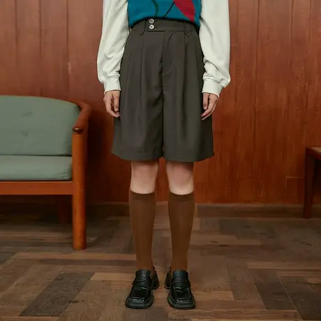 omont蛋挞家 复古五分西装裤女夏季宽松中裤休闲阔腿短裤直筒裤子商品大图