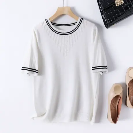 2023夏季女士针织上衣套头修身冰丝冰麻薄款圆领镂空显瘦T恤毛衣图片