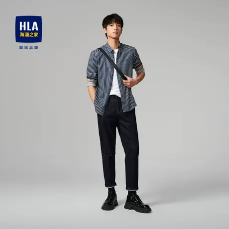 【加绒】HLA/海澜之家23反面拉绒暖绒长袖衬衫竖条纹纯棉休闲衬衣商品大图